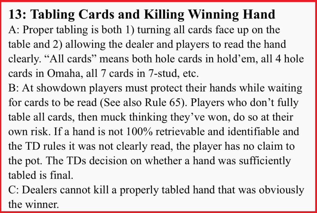 TDA showdown rules for killing winning hand